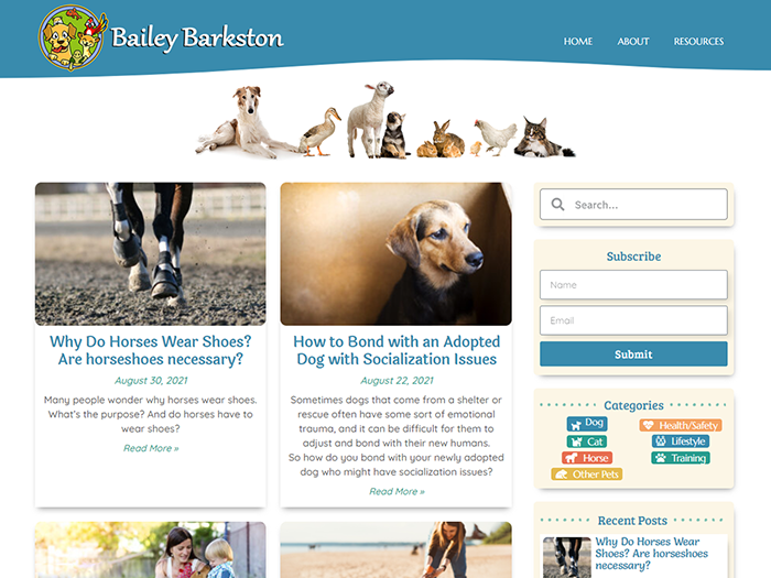 screenshot of Bailey Barkston pet blog website, showing blog posts with a dog and other animals