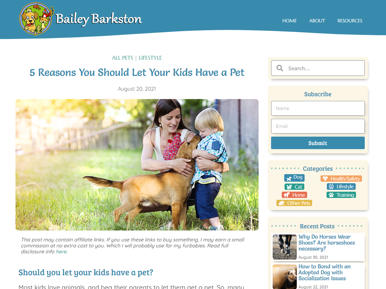 screenshot of Bailey Barkston pet blog website, showing a blog post photo with a mom and a toddler boy with a dog