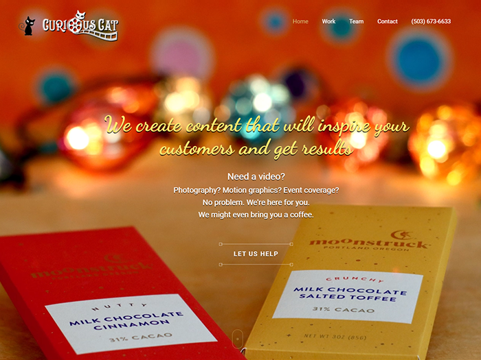 screenshot of Curious Cat Studios website showing a professional product shot photo of chocolate products