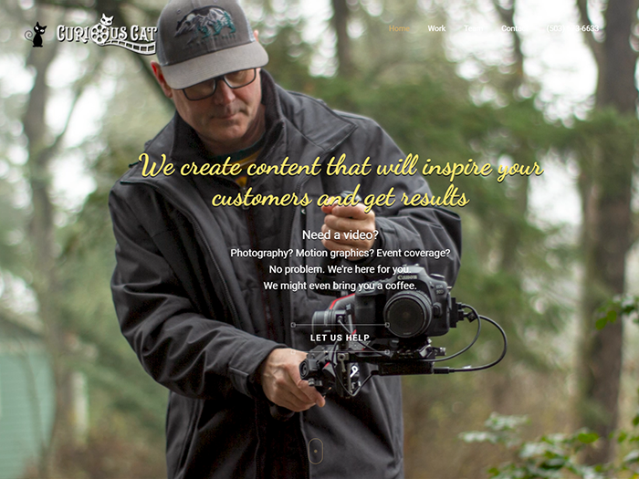 screenshot of Curious Cat Studios website showing a man using a cinema camera to shoot video