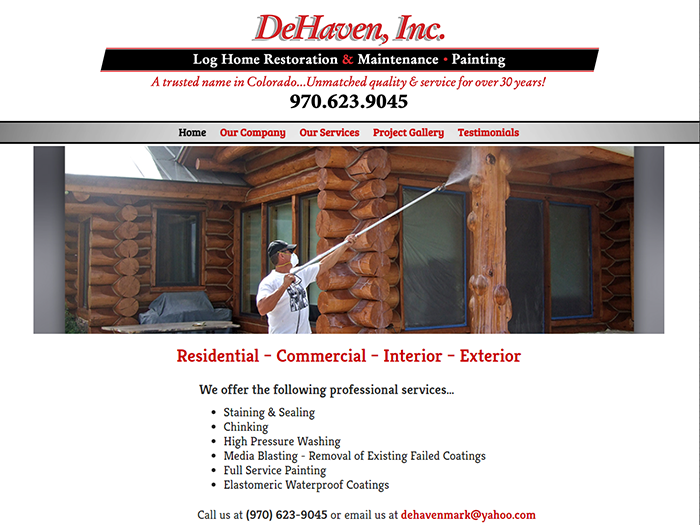 screenshot of DeHaven Inc website with log home restoration photo gallery