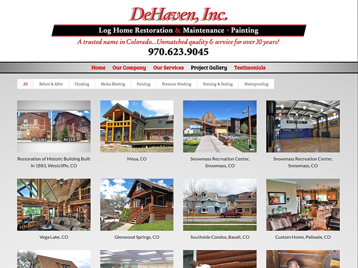 screenshot of DeHaven Inc website showing a photo of a man spraying stain on a log home