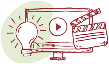 hand drawn illustration of a computer, a video play button, a film clapboard and a light bulb, depicting video production services