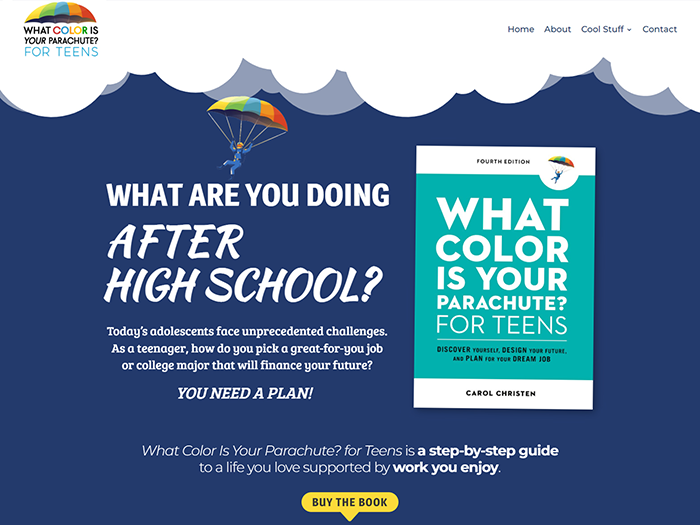 screenshot of What Color Is Your Parachute - for Teens author's website, with the cover of the book